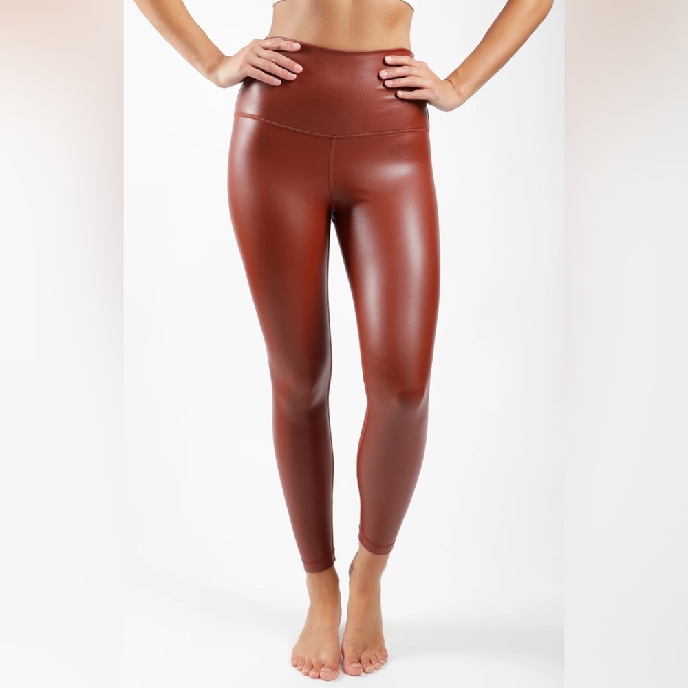 90 Degree By Reflex High-Waist Faux Leather Leggings in Chestnut Brown